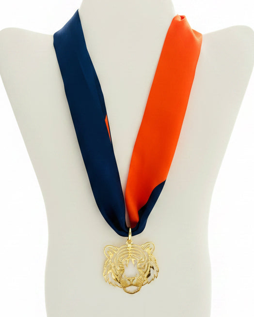 Orange & Navy Tiger Medallion Ribbon Necklace