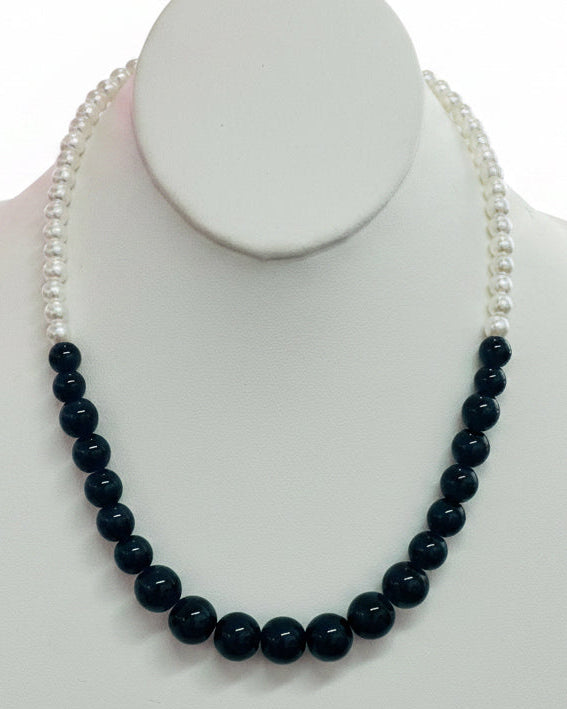 Monochrome Pearl & Glossy Jet-Black Beaded Necklace