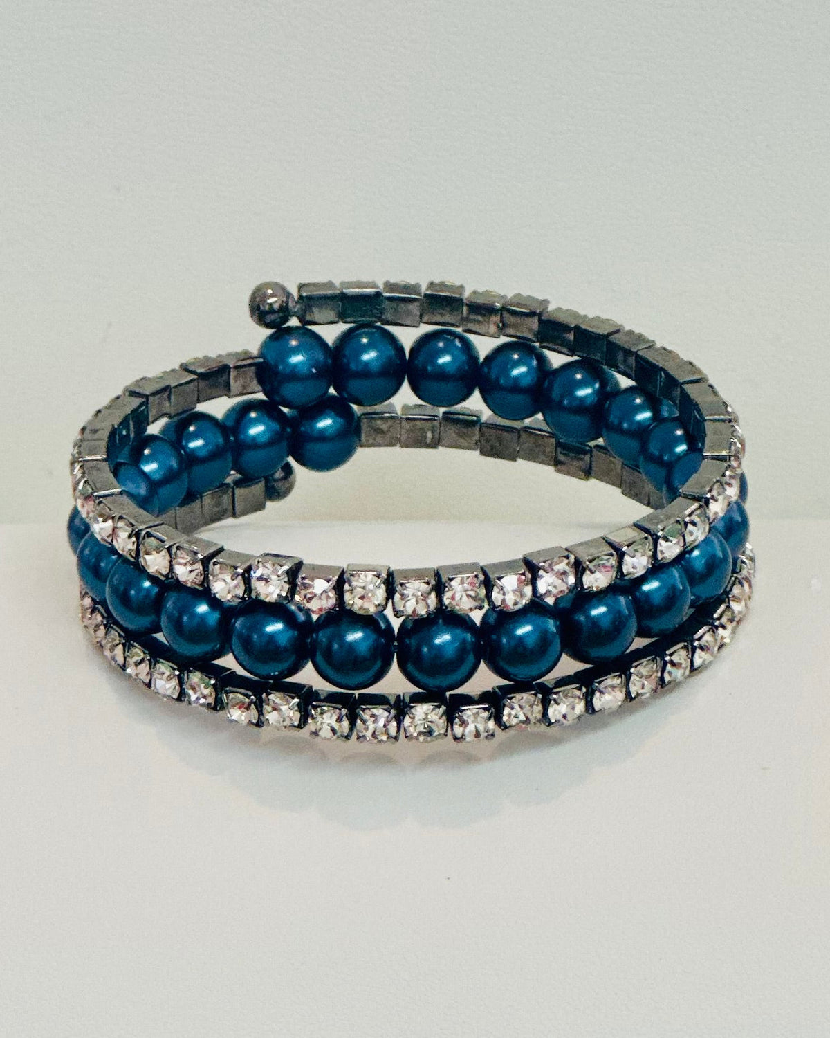 Vintage Royal Blue Pearl & Crystal Layered Wrap Bracelet