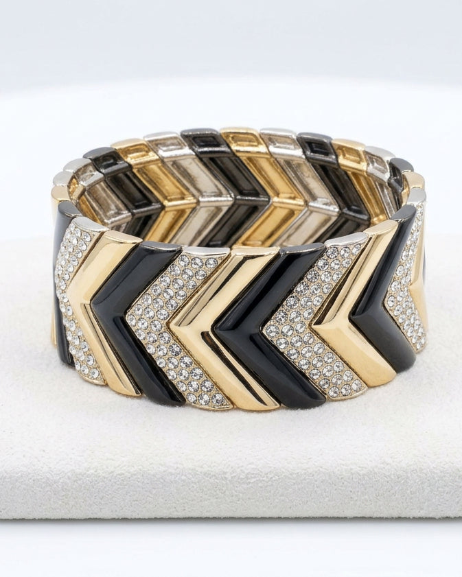 Vintage Art Deco Chevron Pavé & Enamel Stretch Bangle