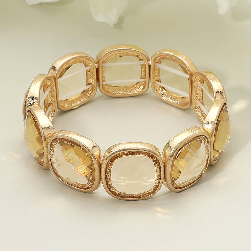 Round Square Glass Stone Frame Beaded Stretch Bracelet