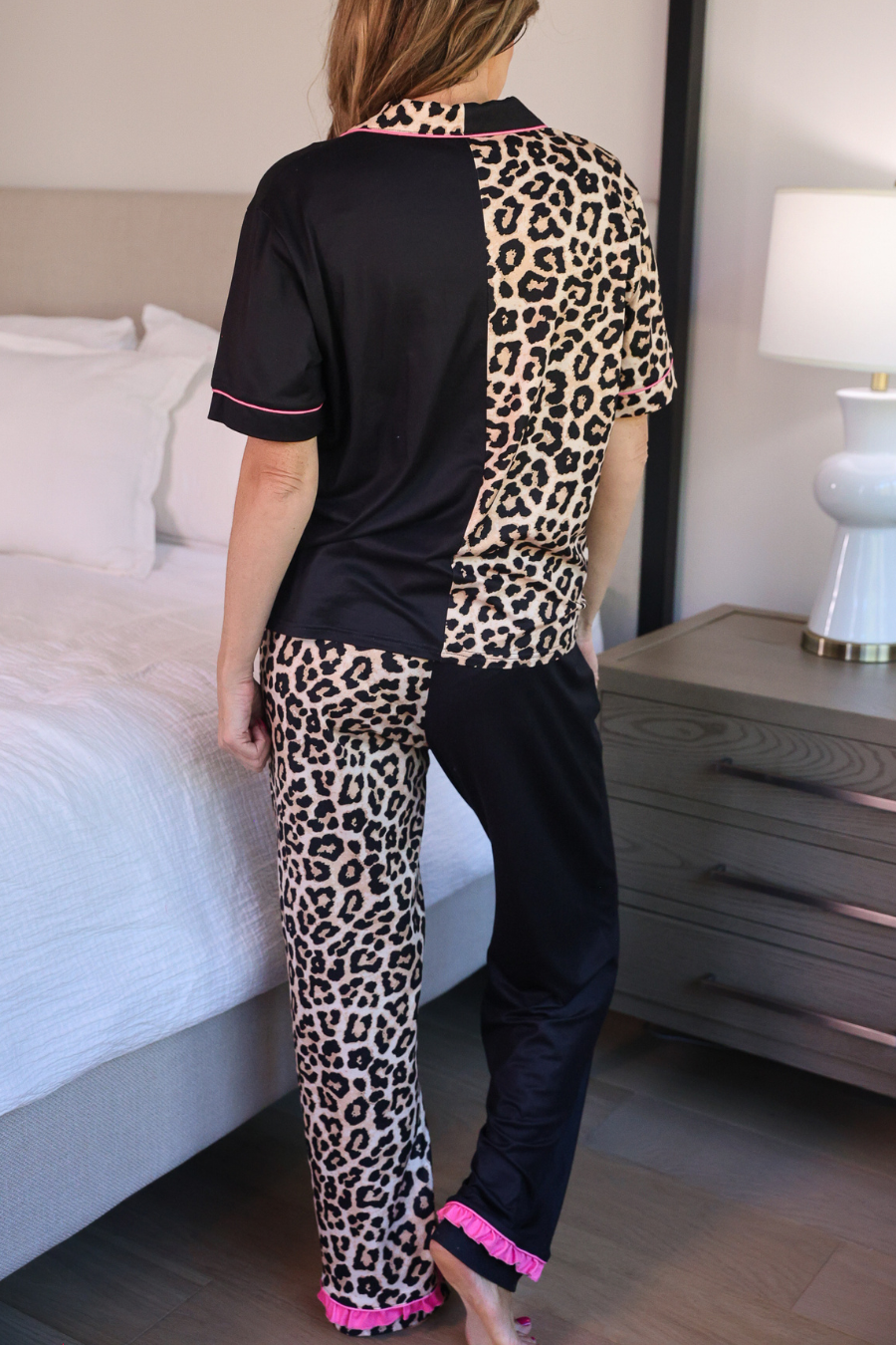 Double Take Leopard Ruffle Pajama Set