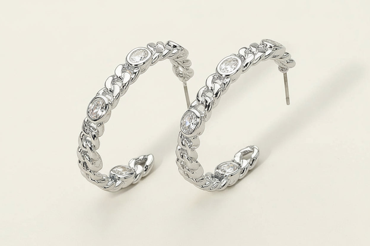 Silver Oval Chain CZ Hoop Earrings