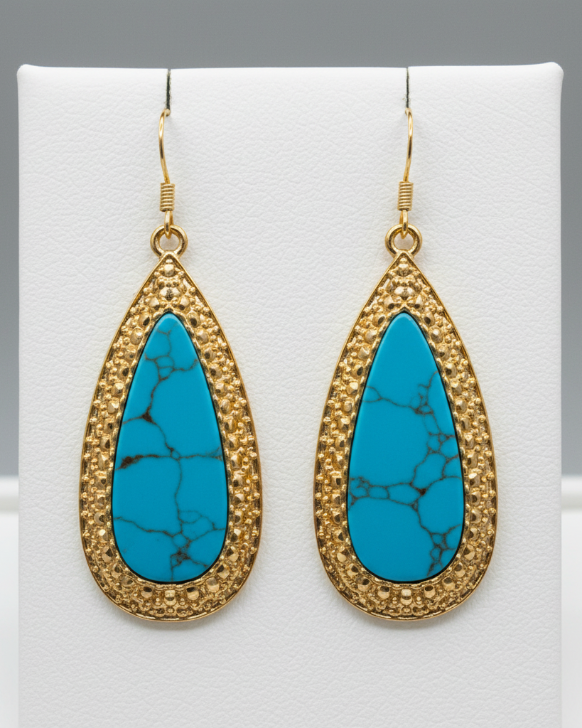 Vintage Textured Gold & Veined Turquoise Drop Earrings