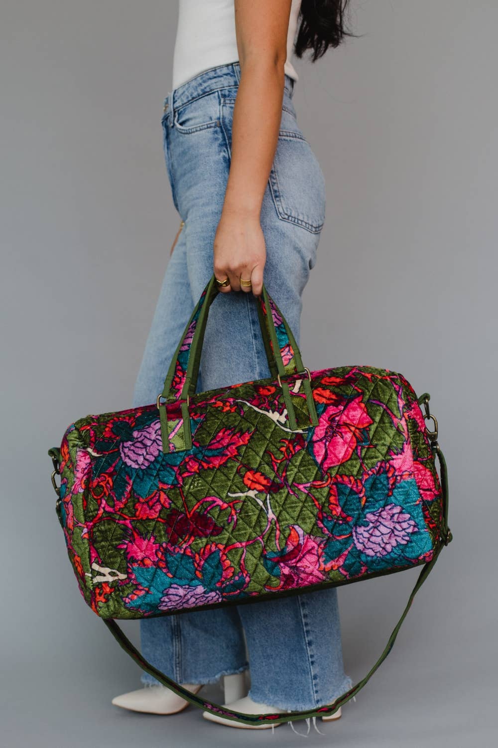 Olive & Multicolored Floral Duffle