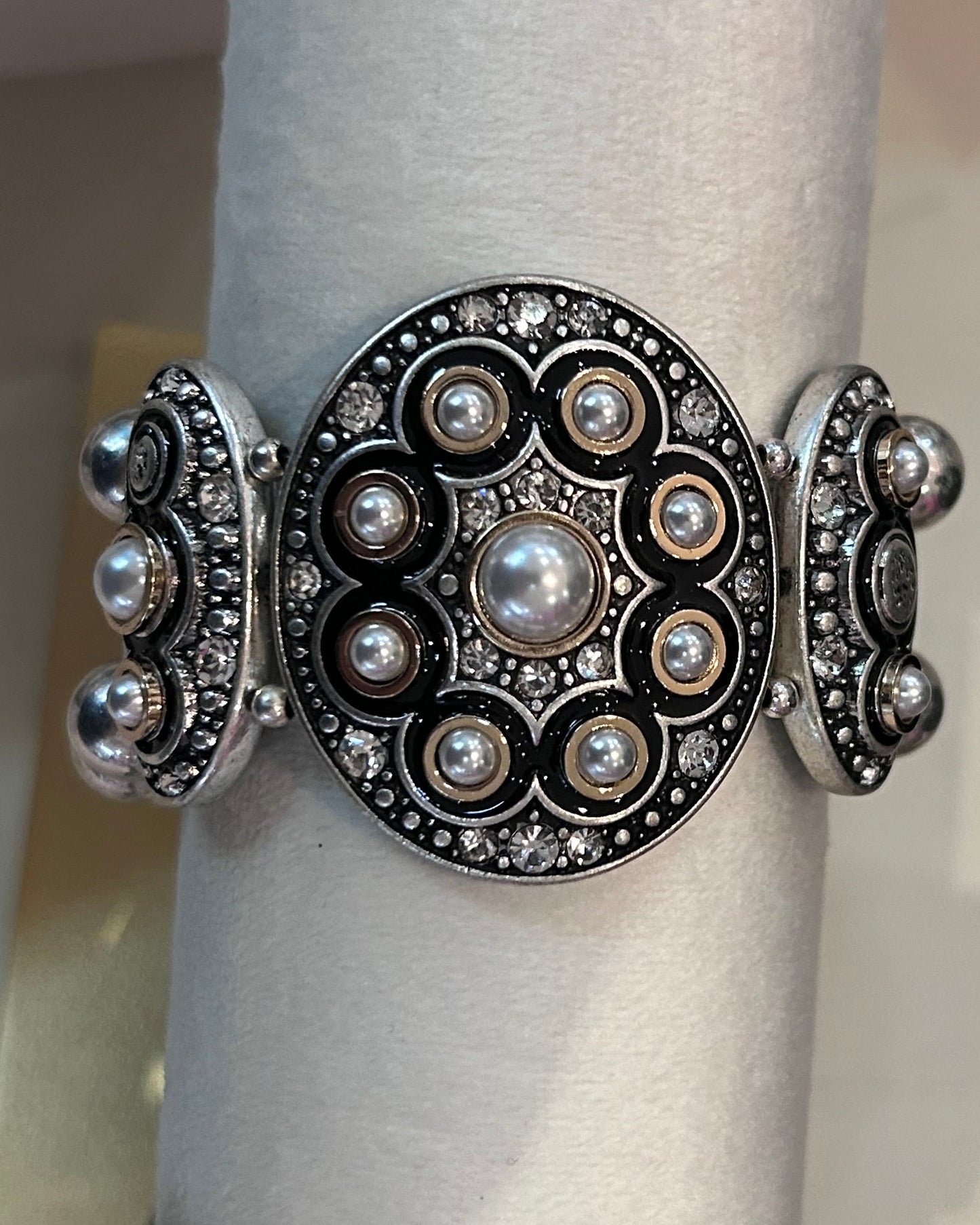 Vintage Mixed Metal Faux Pearl Stretch Panel Bracelet