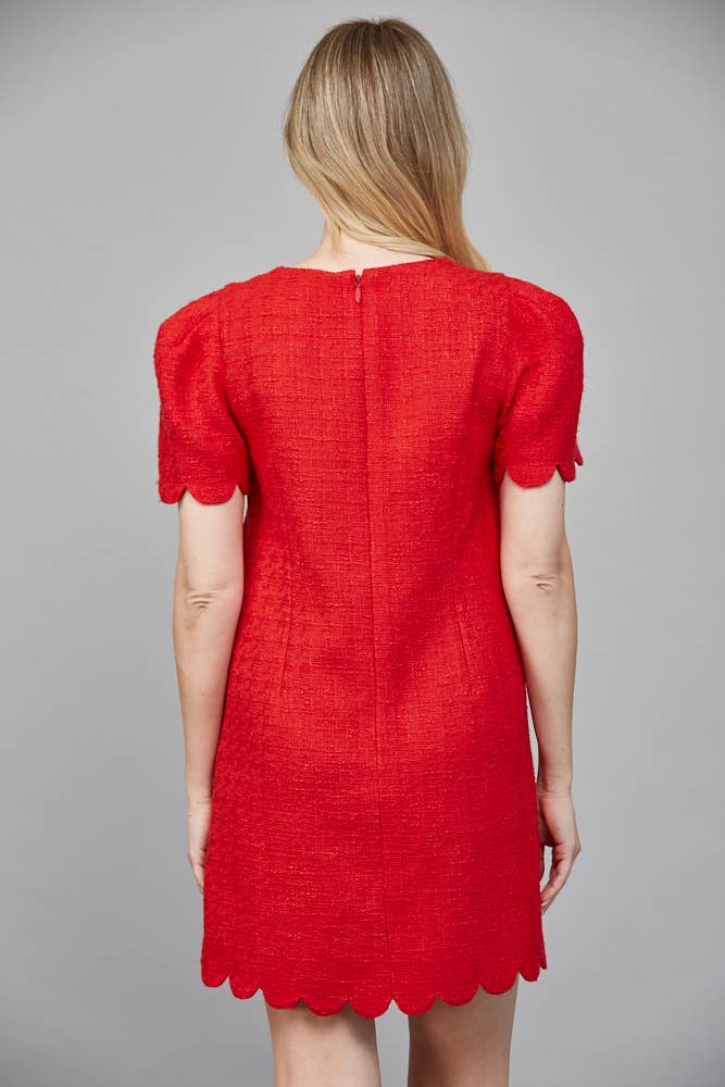 Scallop Red Bow Tweed Dress