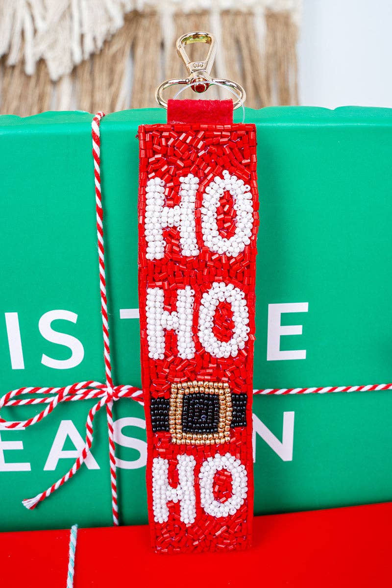 Ho Ho Ho Red Seed Bead Wristlet Keychain