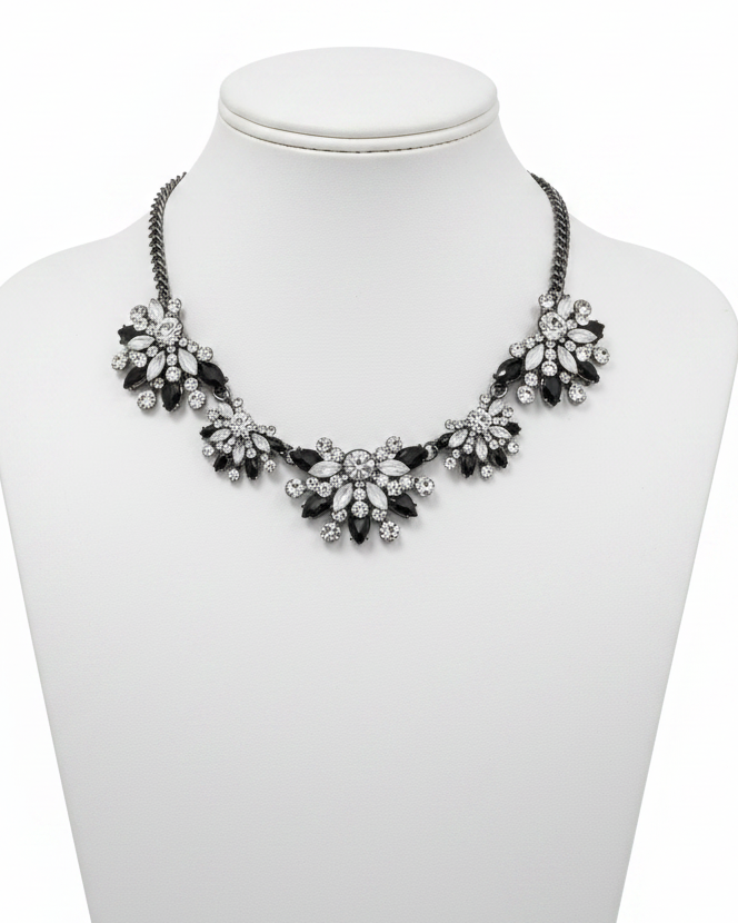 Vintage Midnight Crystal Floral Bib Statement Necklace