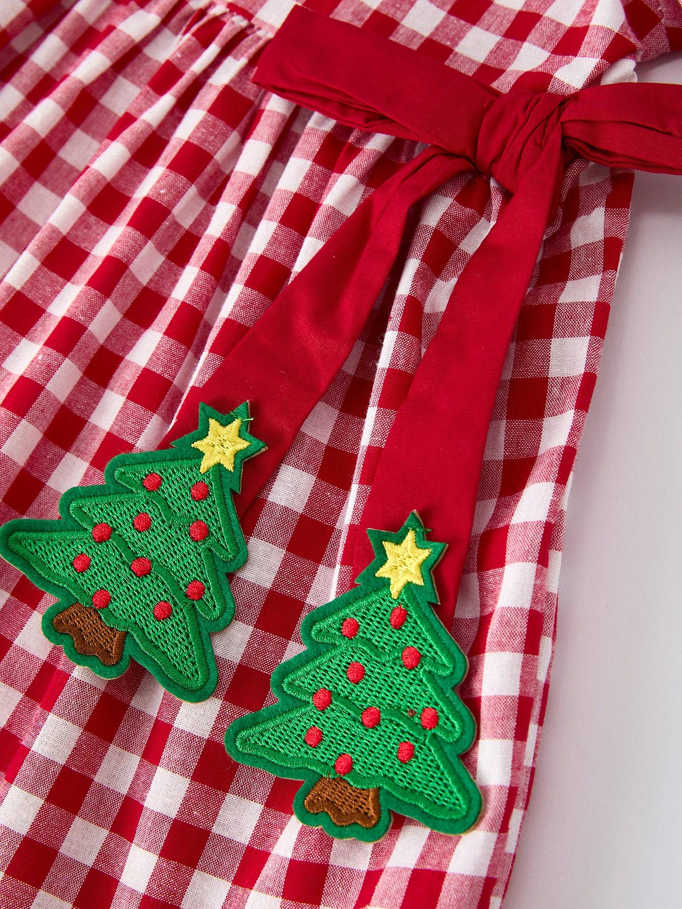 Red Plaid Holiday Dress with Tree Bow Accents