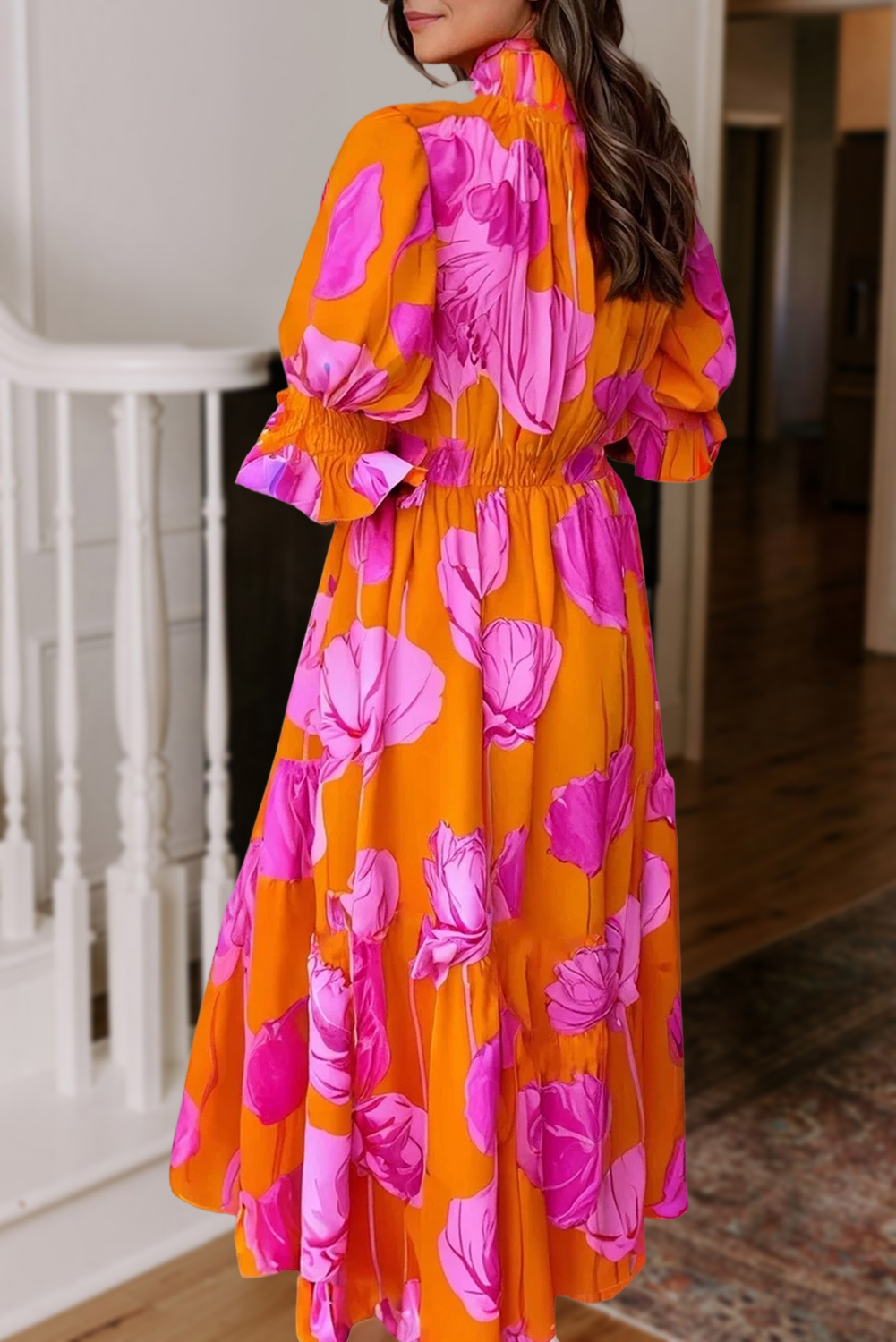 Floral Frilly Smock V Neck Dress