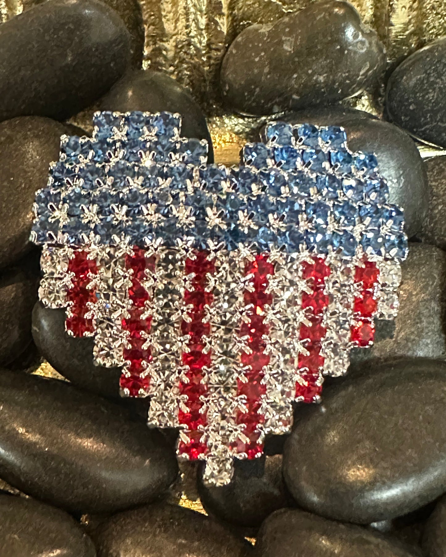 Vintage Rhinestone Americana Flag Heart Brooch