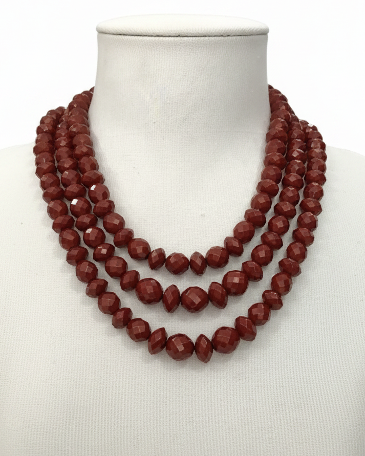 Crimson Cheer Triple-Strand Faceted Beaded Statement Necklace