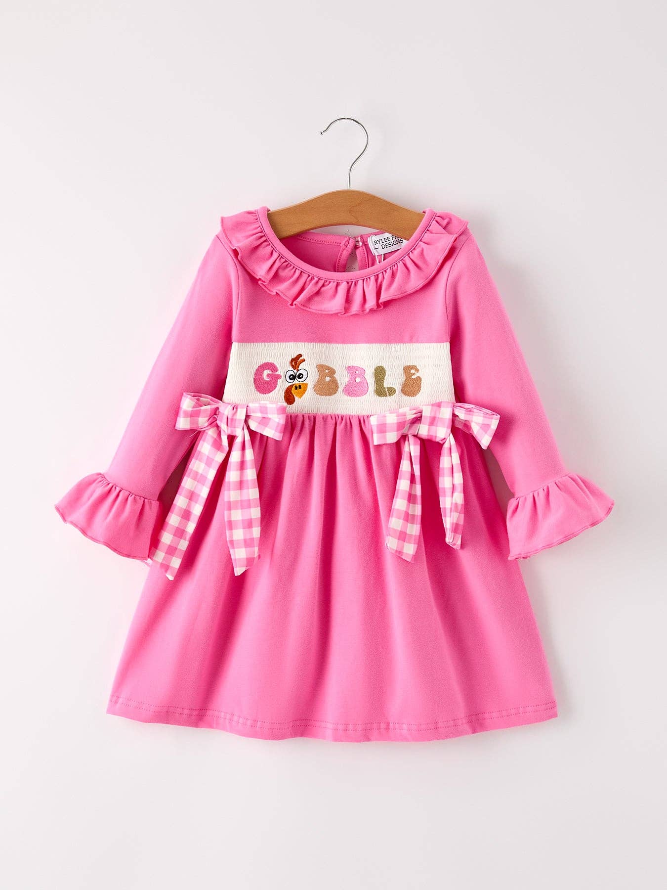 Pink "GOBBLE" Smock Embroidery Dress