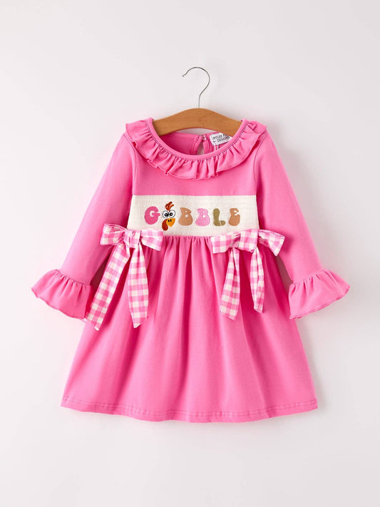 Pink "GOBBLE" Smock Embroidery Dress