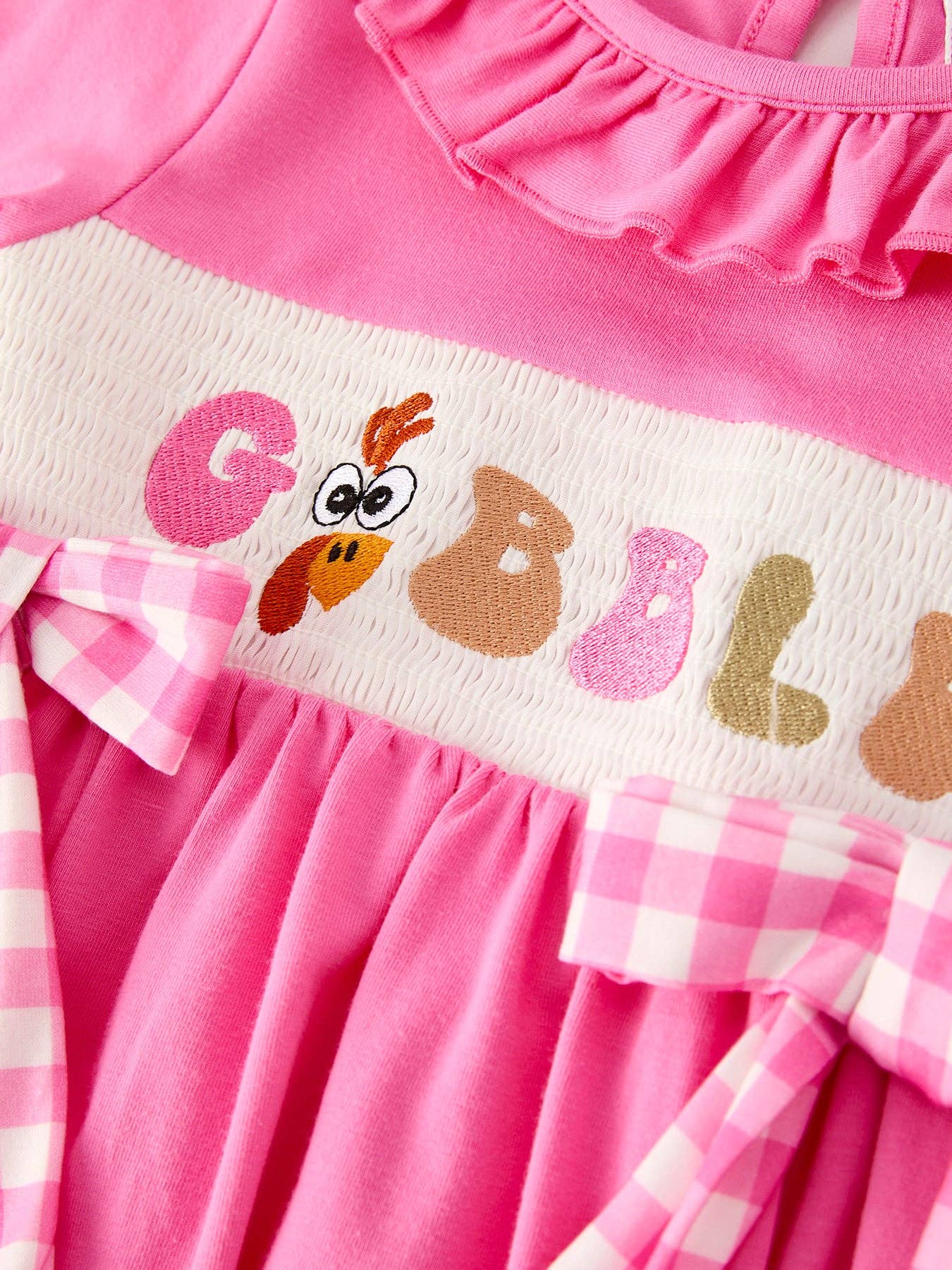 Pink "GOBBLE" Smock Embroidery Dress