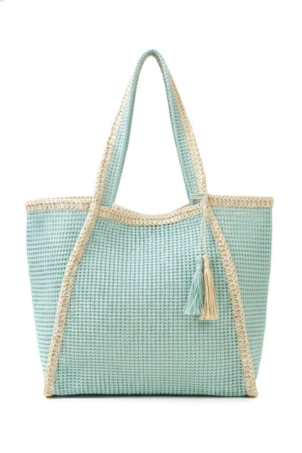 Two Tone Woven Straw Beach Tote Bag