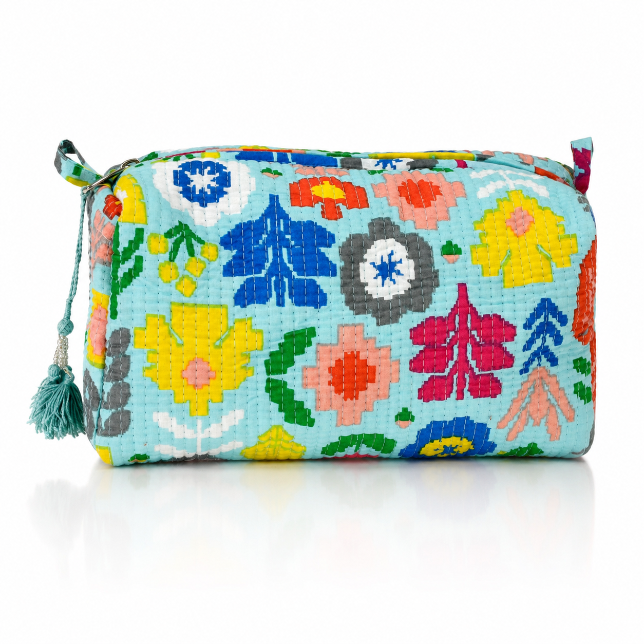 Blue Funky Floral Cotton Quilted Cosmetic Set