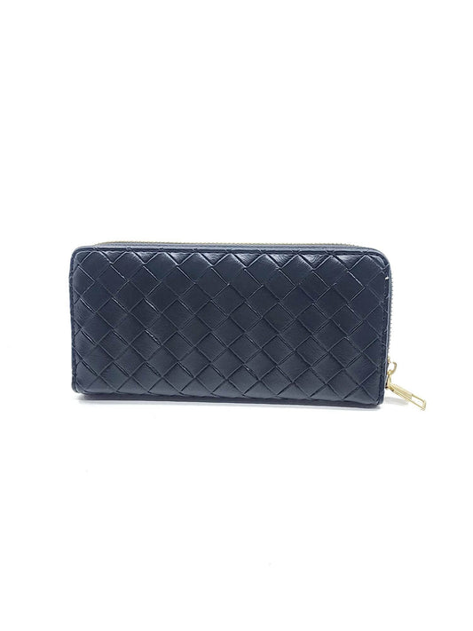 Black Vegan Leather Woven Long Wallet