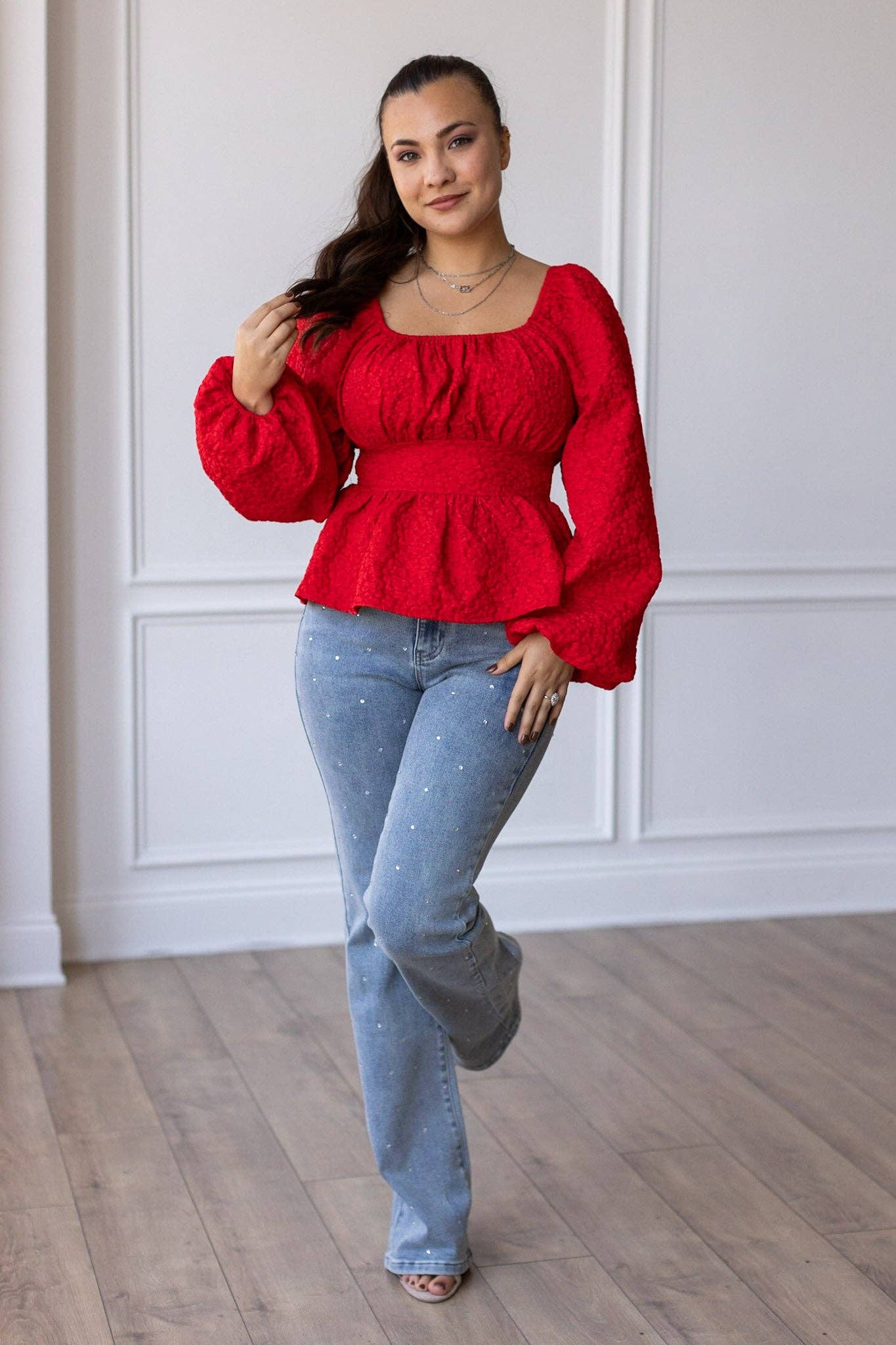 Red Game Day Jacquard Curvy Blouse