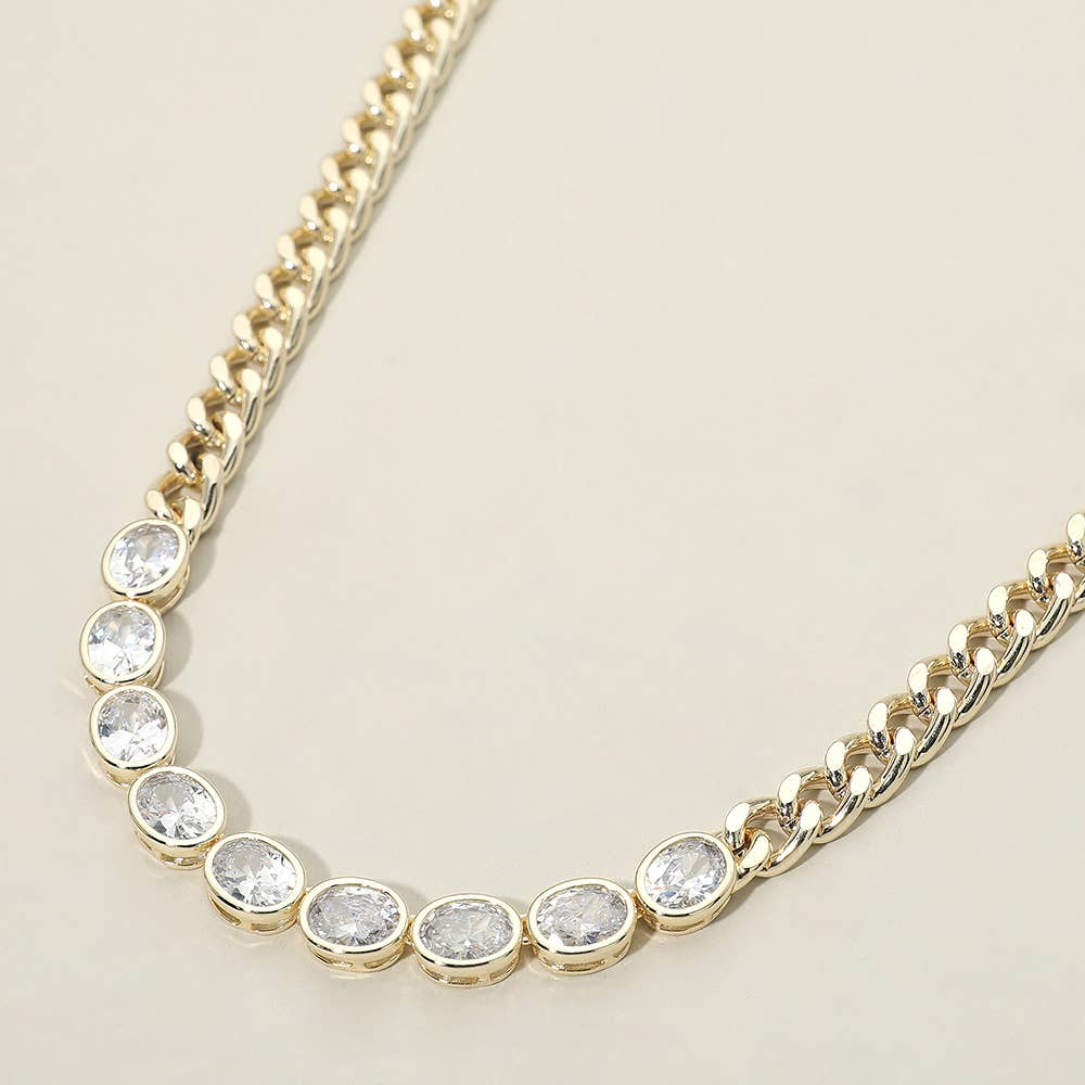 Gold CZ Bezel Link Curb Chain Necklace