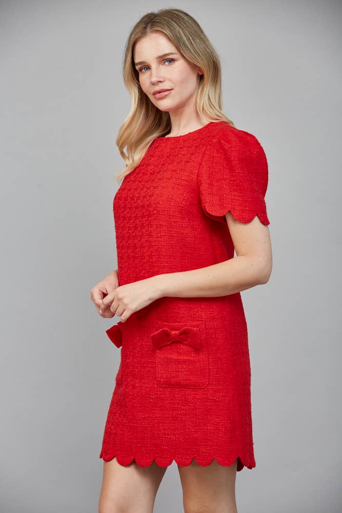 Scallop Red Bow Tweed Dress