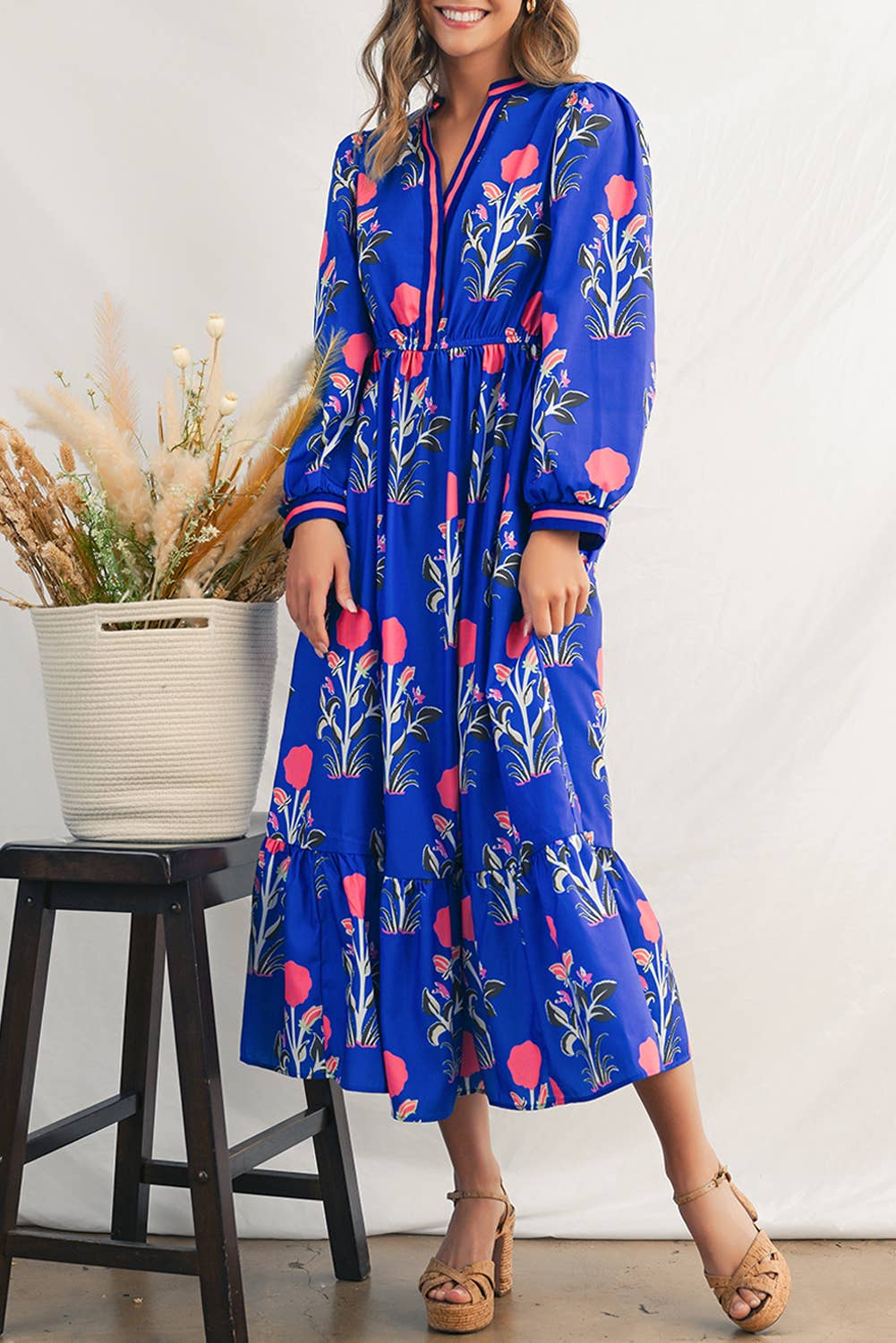 Vibrant Blue Floral Midi Dress
