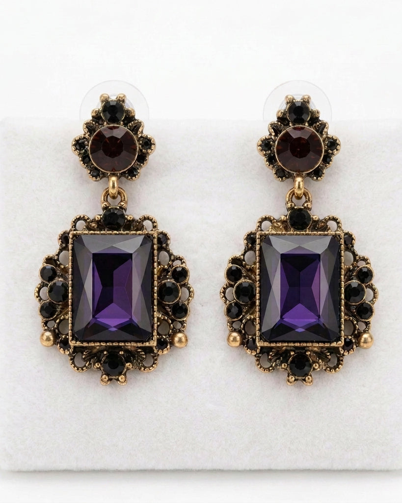Vintage Regal Amethyst & Onyx Crystal Statement Dangles