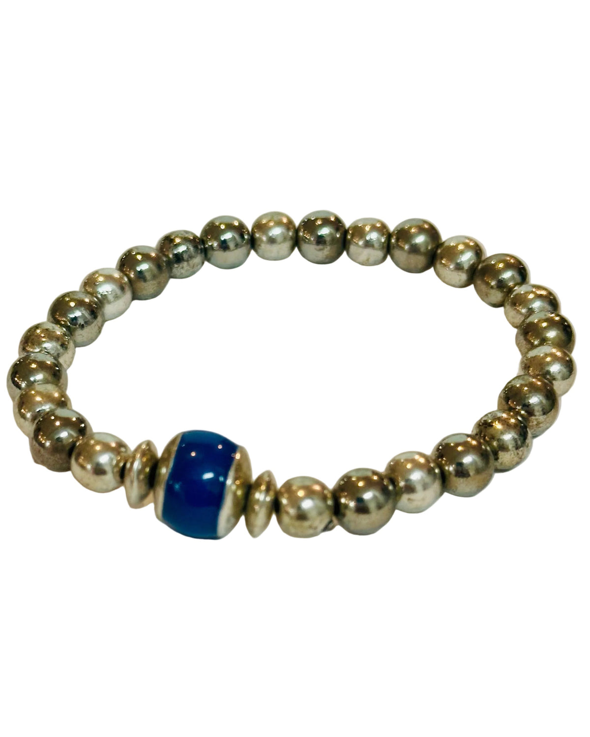 Vintage Metallic Beaded Stretch Bracelet with Cobalt Accent