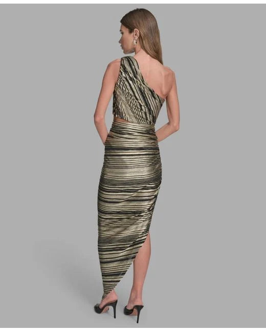 BCBG Striped Asymmetrical One-Shoulder Midi Dress
