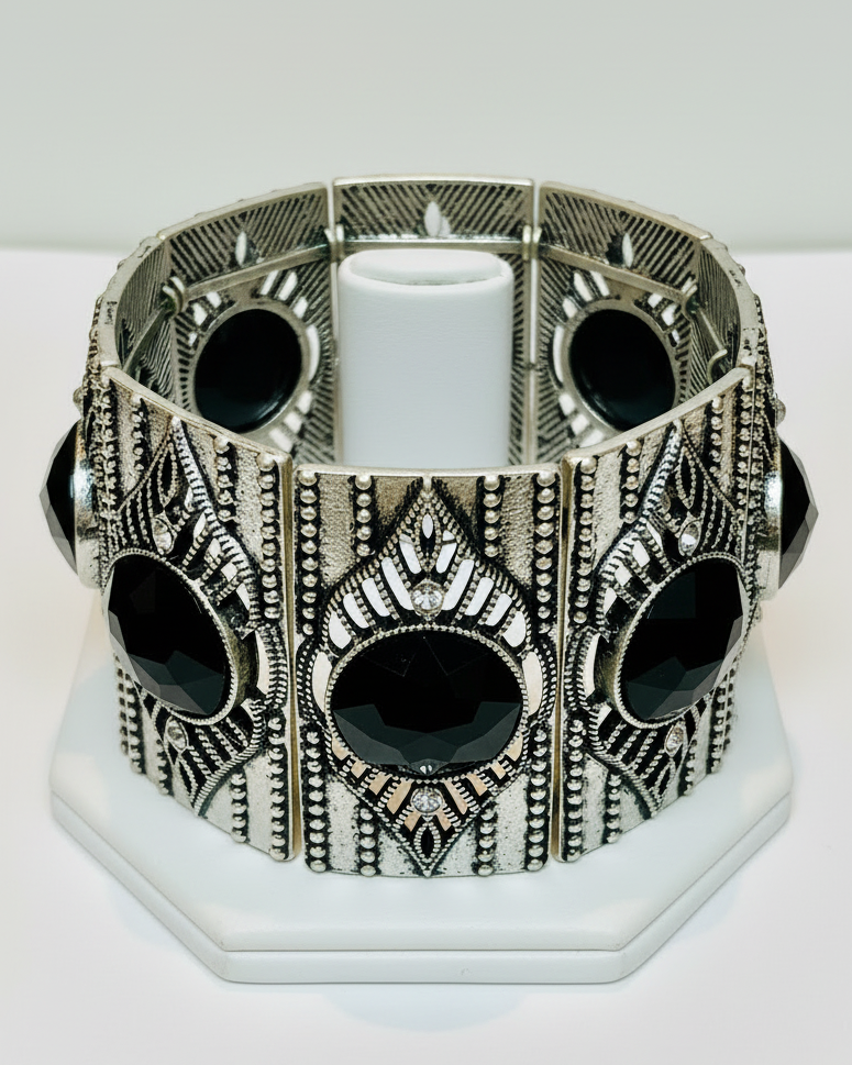 Vintage Art Deco Revival Black Cabochon Stretch Cuff Bracelet