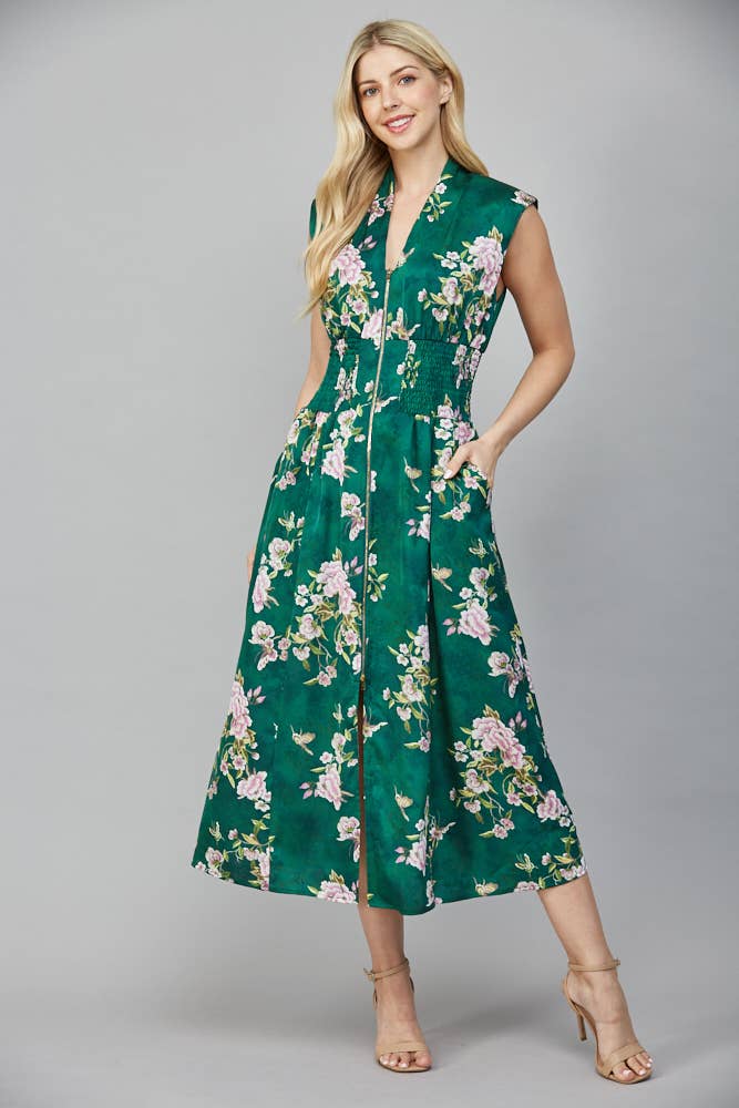 Vintage Green Floral Zip Dress