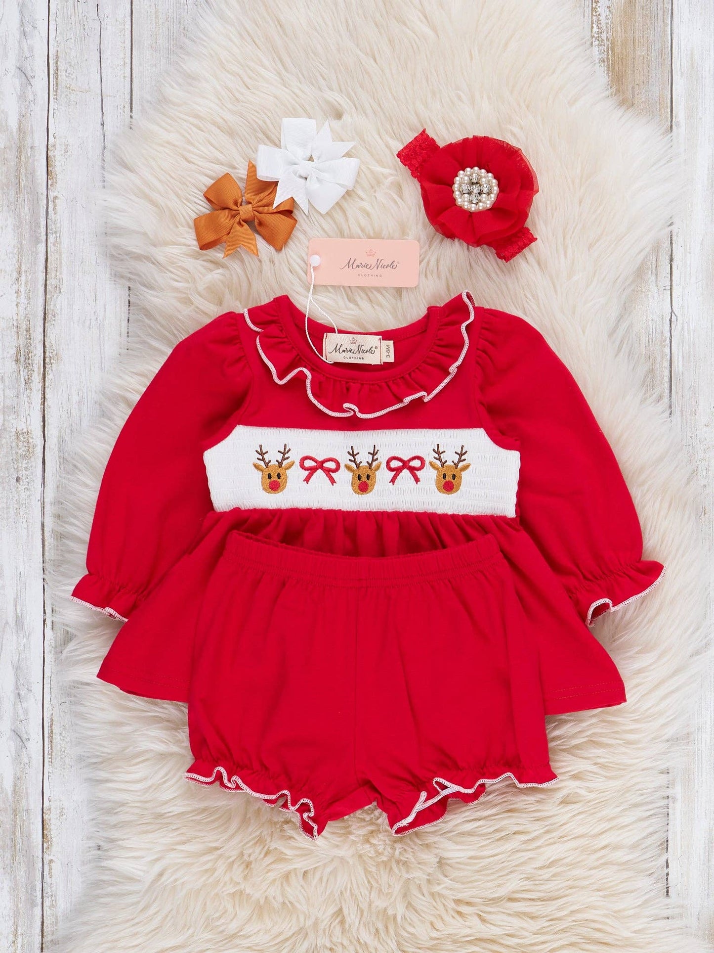 Reindeer Ribbons Smocked Bloomers Outfit
