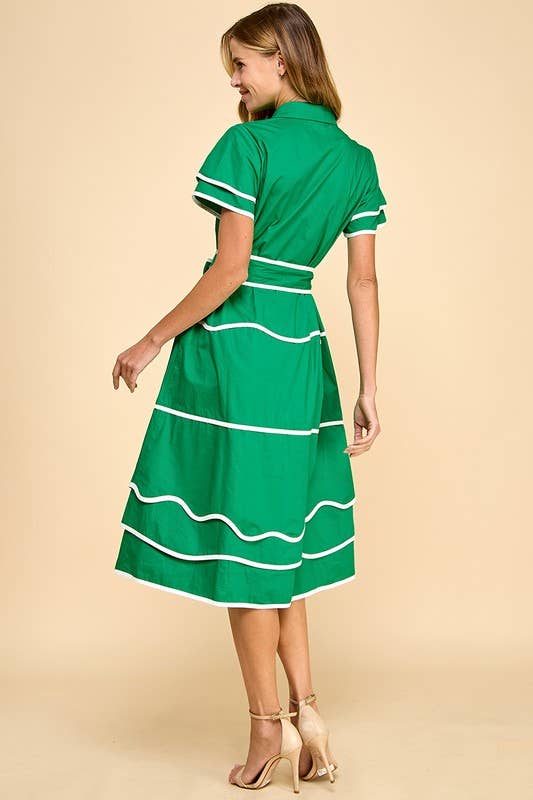 Green Contrast Midi Shirt Dress