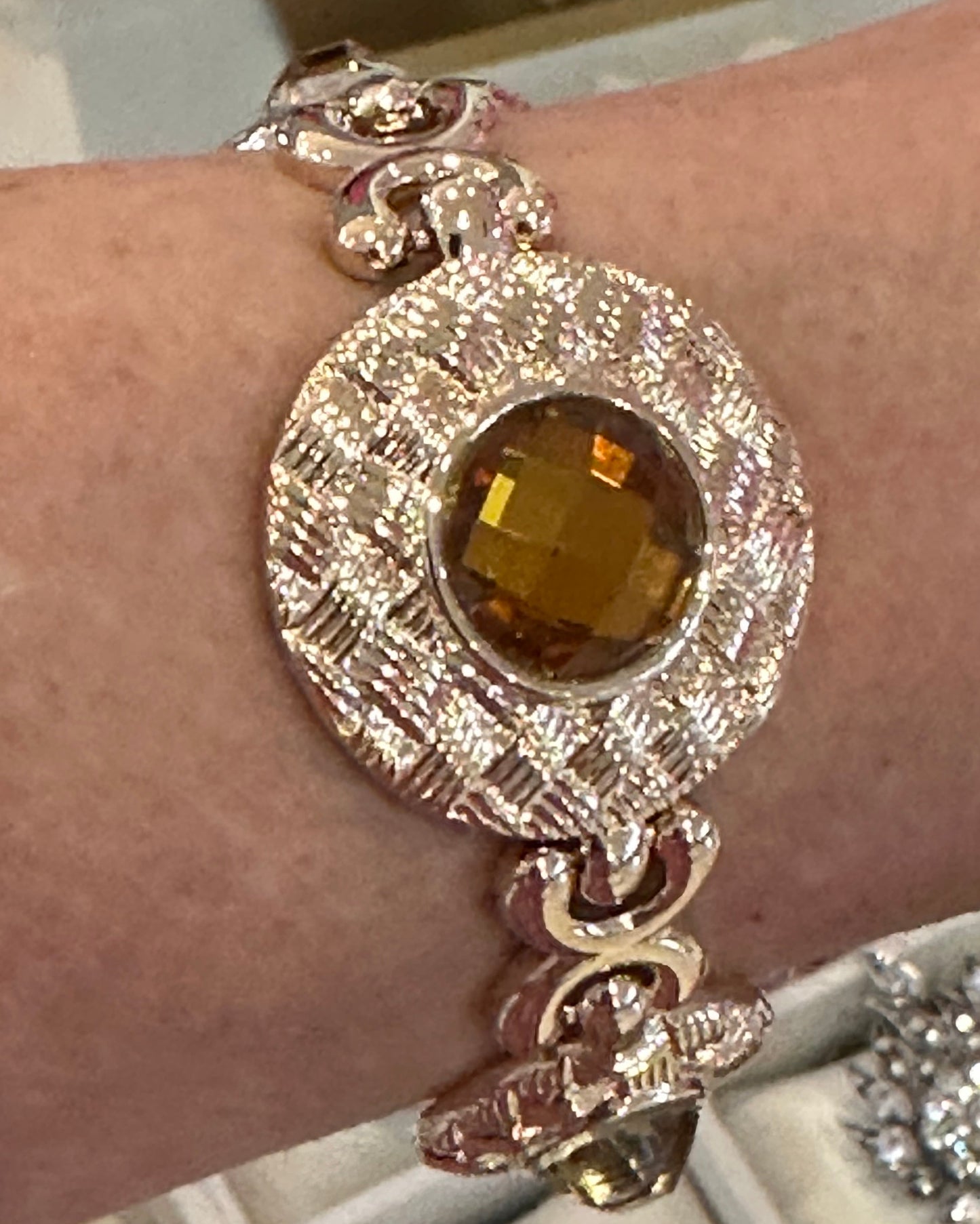 Textured Basketweave Circle Link Bracelet with Amber Rhinestones
