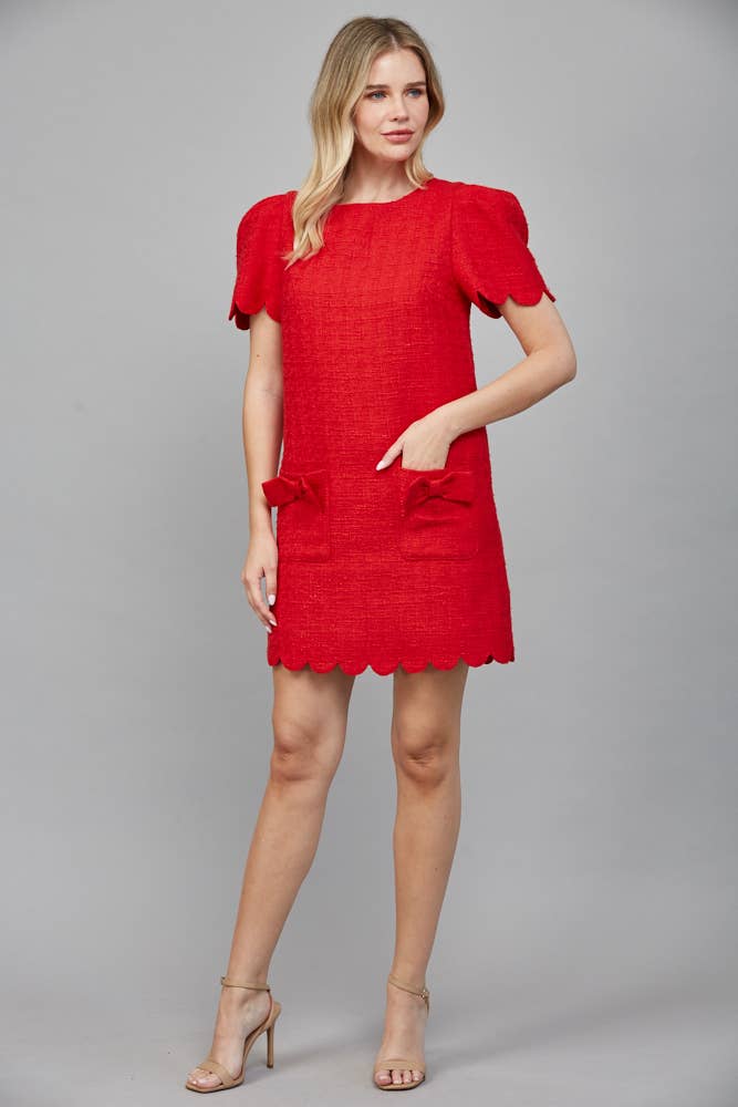 Scallop Red Bow Tweed Dress