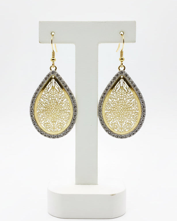 Vintage Filigree Teardrop Gold Tone Dangle Earrings