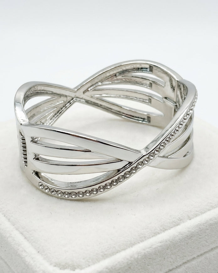Vintage Crossover Multi-Band Pavé Crystal Hinged Cuff – Silver Tone