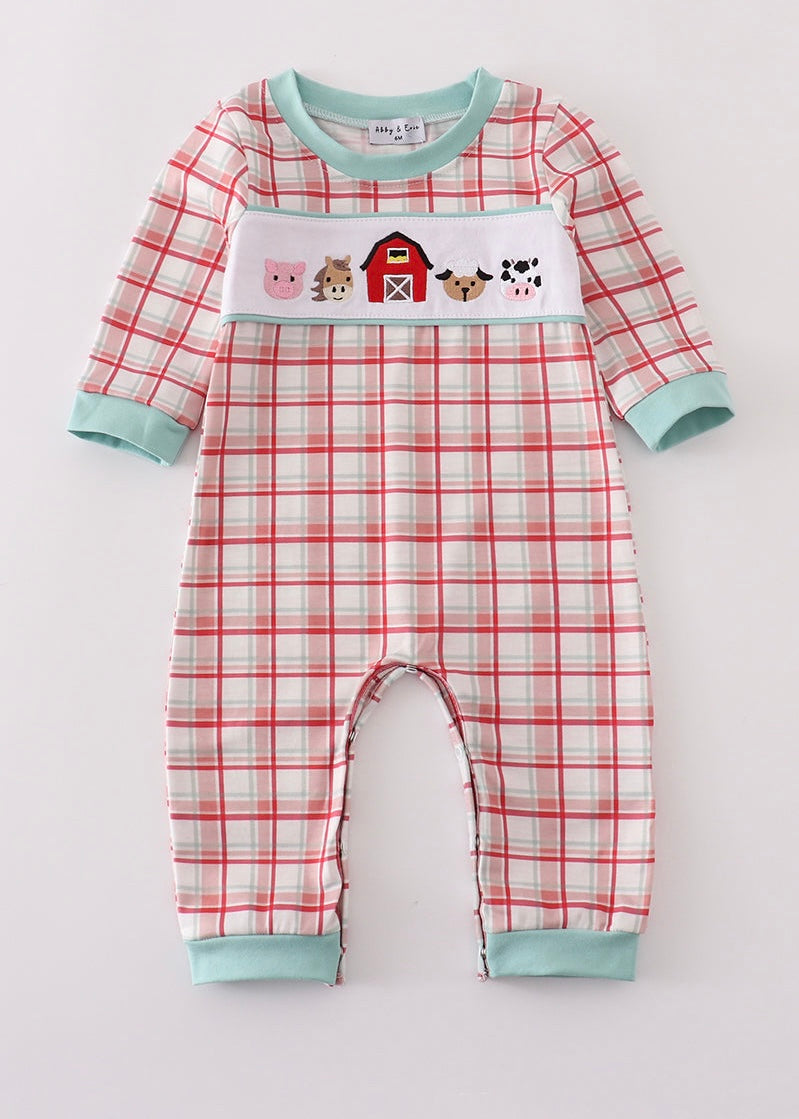 Red Plaid Farm Embroidery Romper