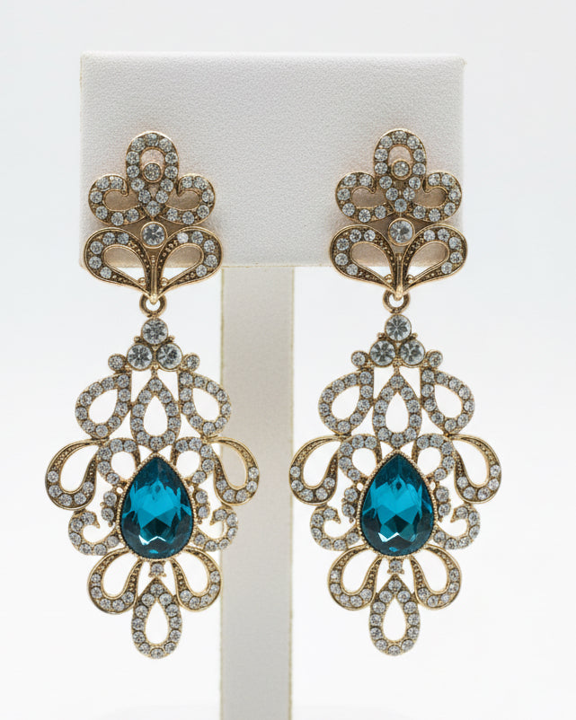 Vintage Deadstock Teal Crystal Chandelier Earrings