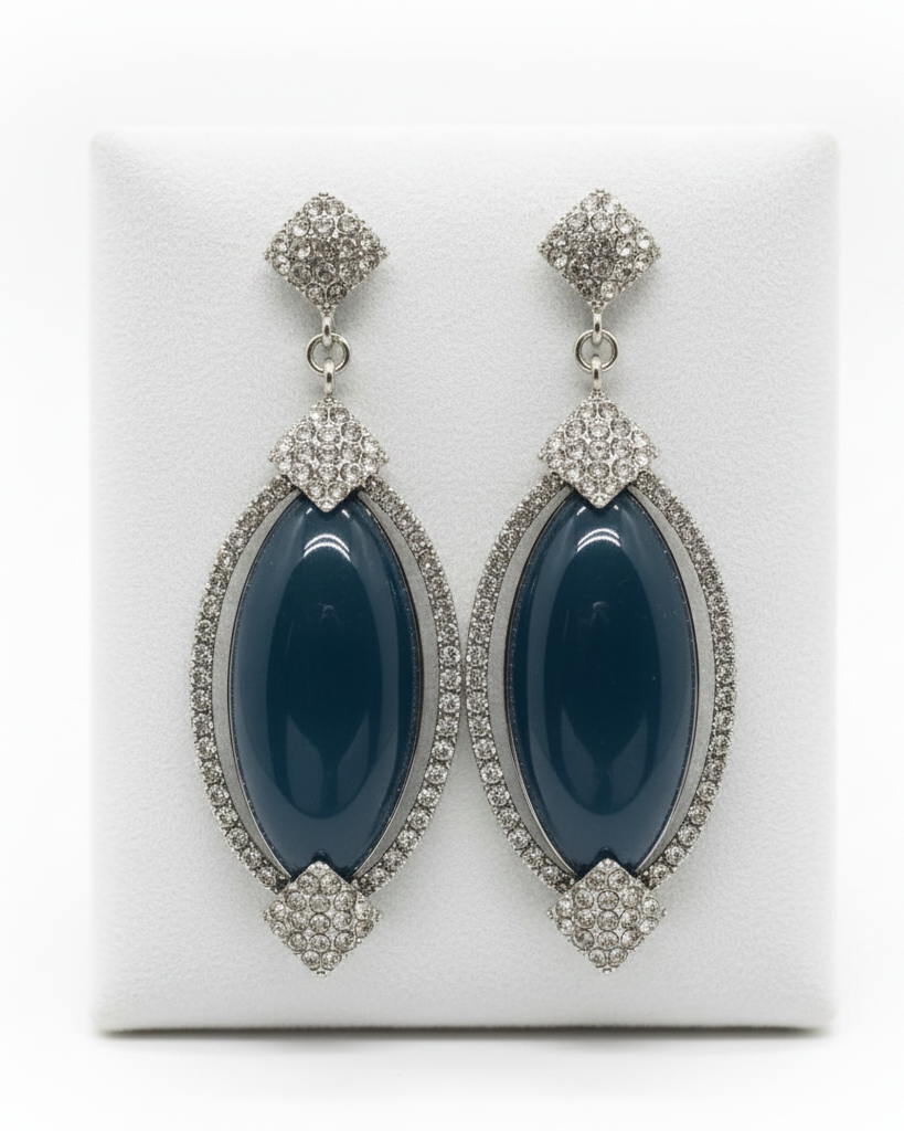 Vintage Teal Cabochon & Rhinestone Earrings