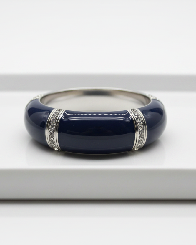 Vintage Navy Blue Enamel & Rhinestone Domed Clamper Bangle