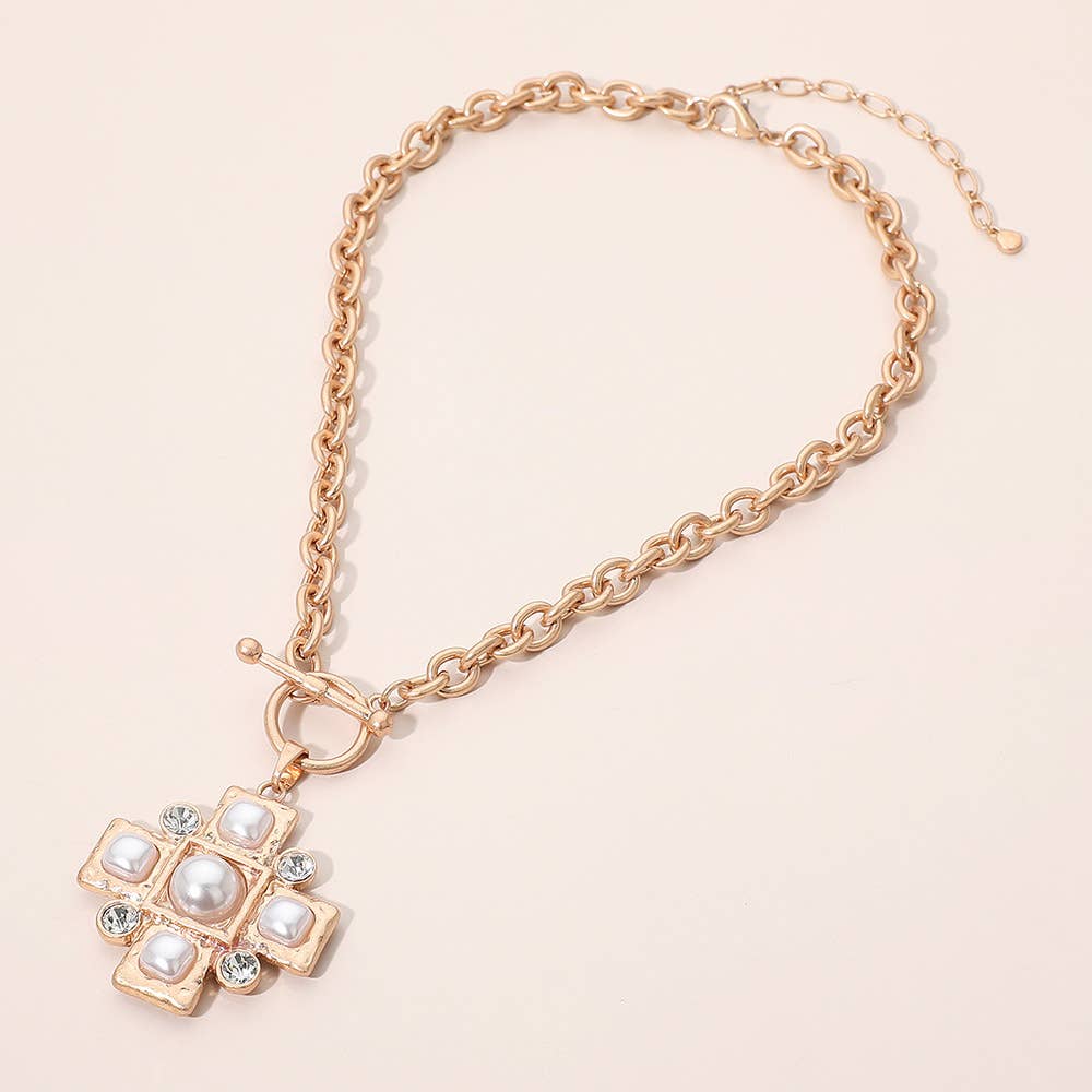 Pearl Cross Toggle Pendant Statement Necklace