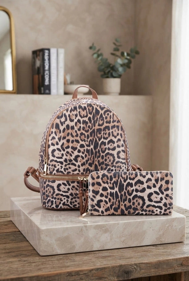 Lola Leopard Print Backpack & Wallet Set