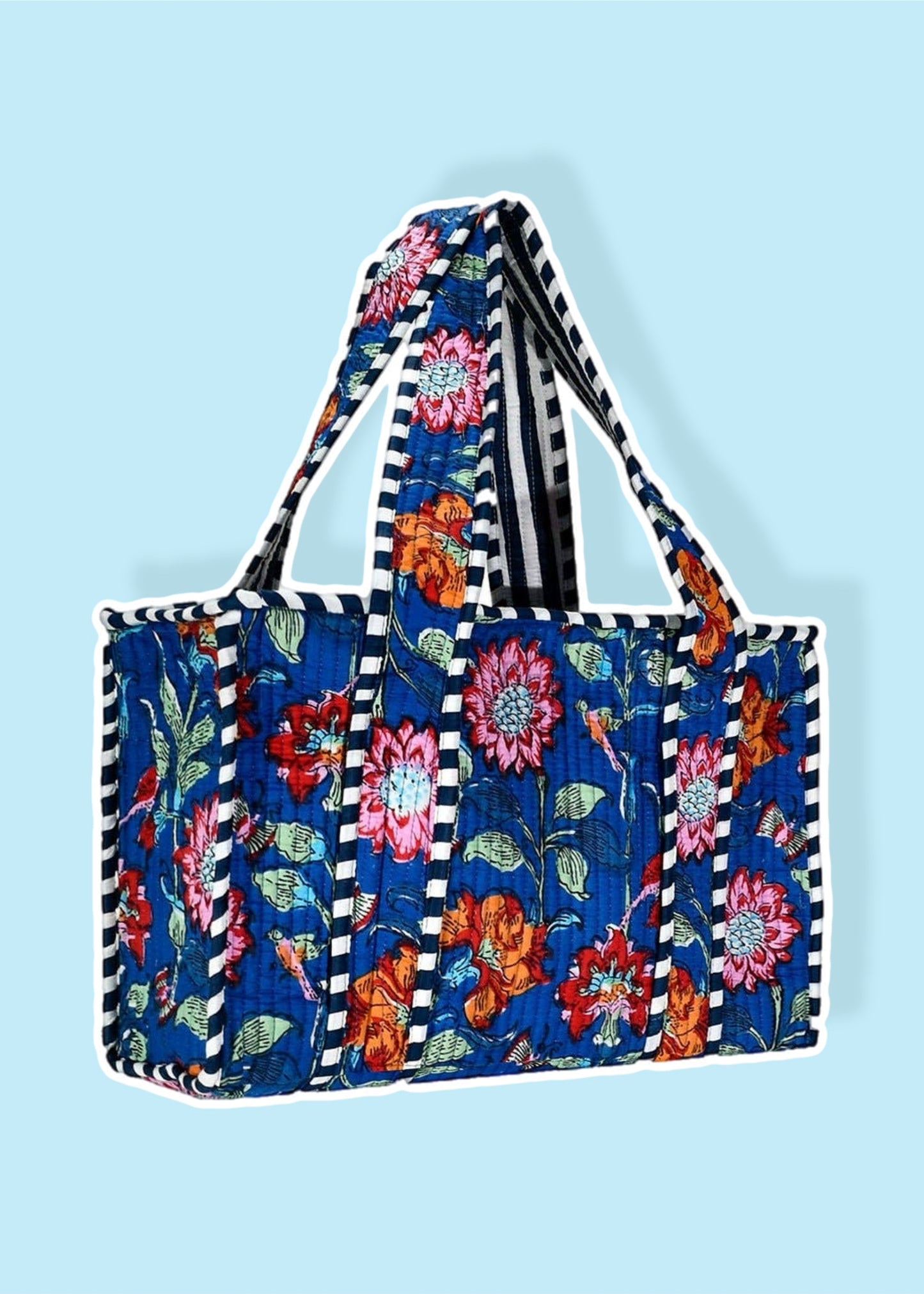 Blue Floral Cotton Tote Bag- Small & Large
