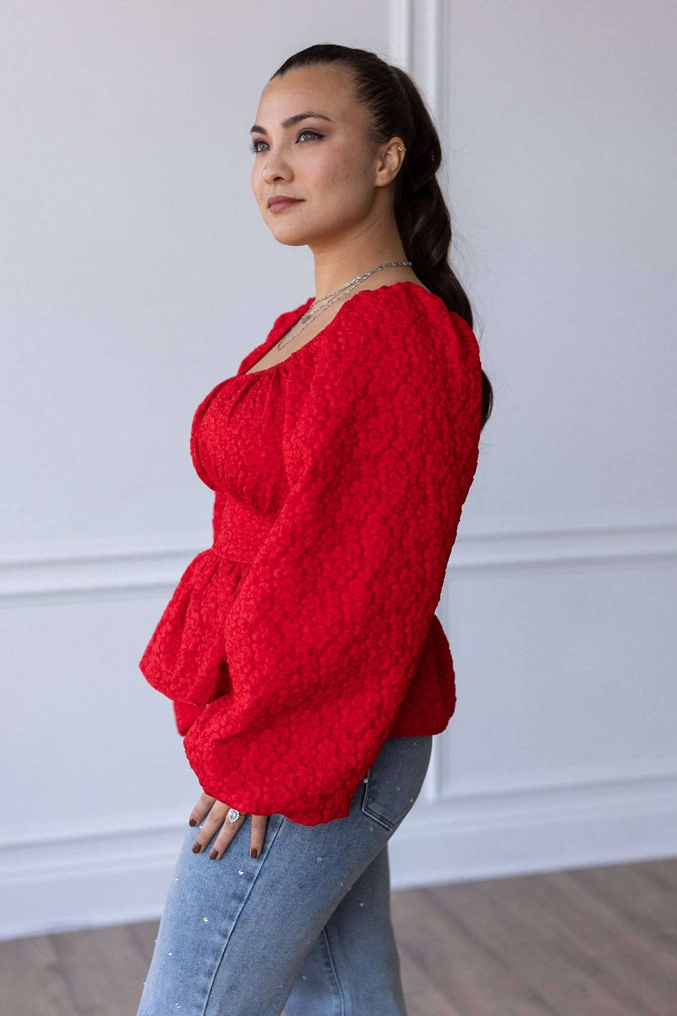 Red Game Day Jacquard Curvy Blouse