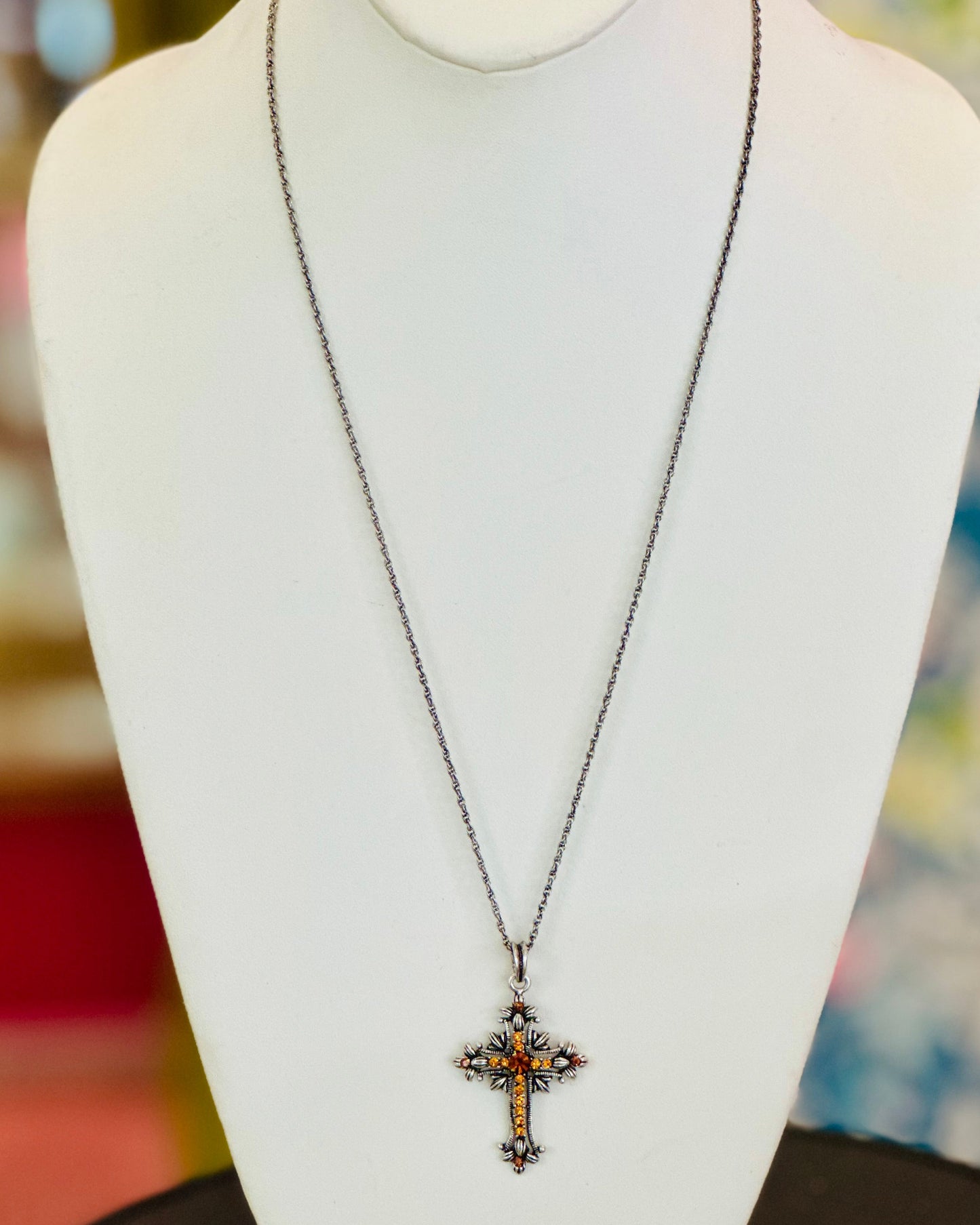 Vintage Gothic Topaz Cross Pendant Necklace