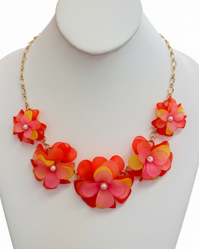 Sunset Blossom Resinated Floral Bib Necklace