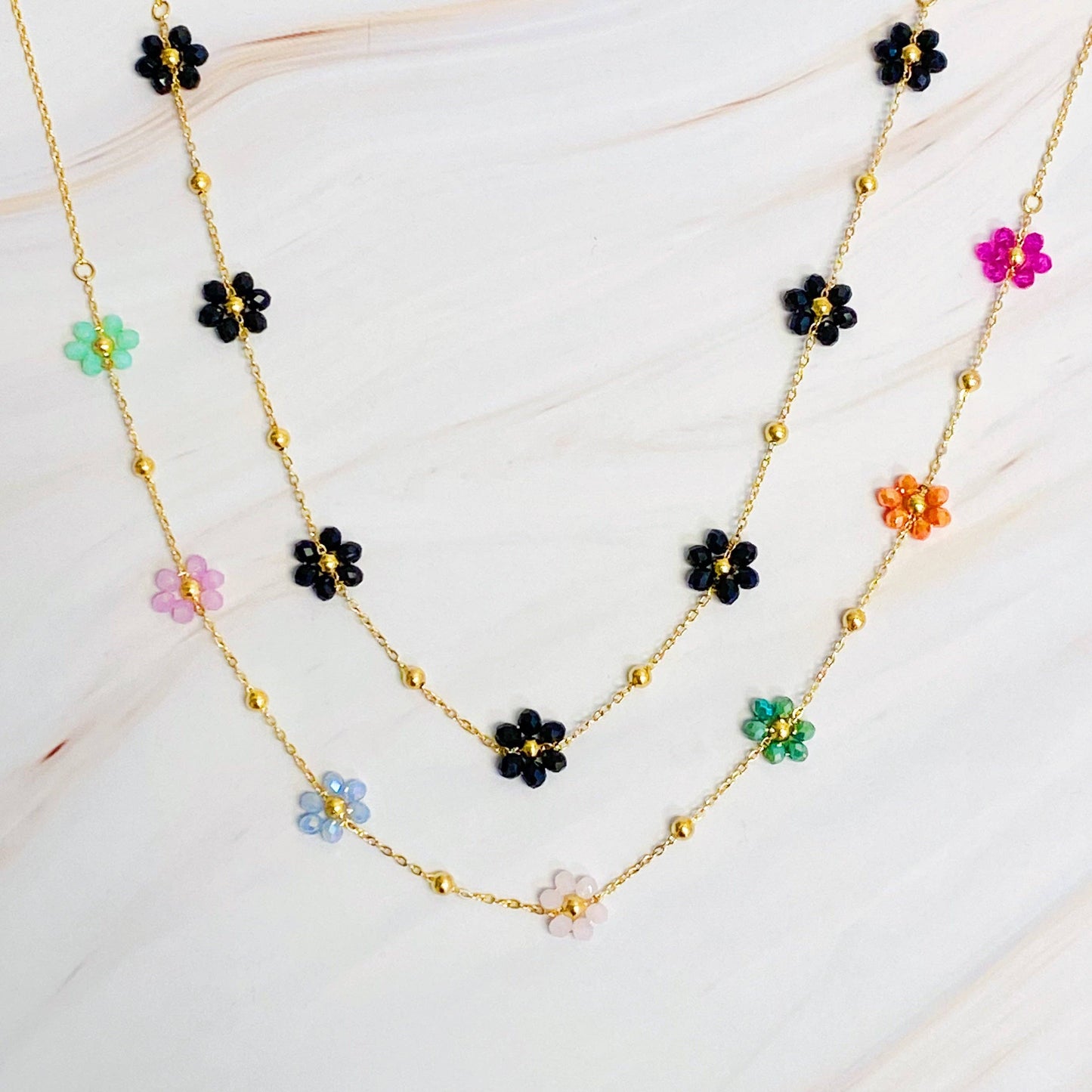Flower Field Romance Black Beaded Necklace