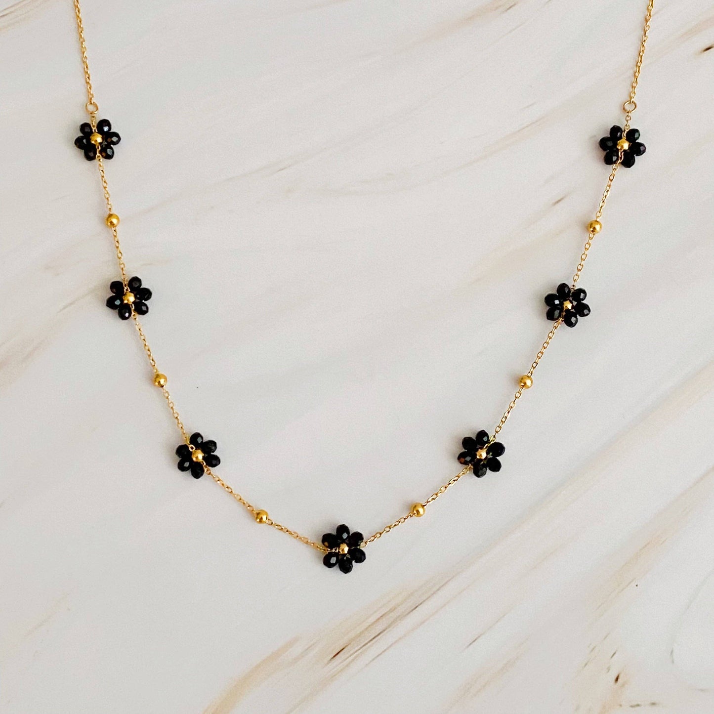 Flower Field Romance Black Beaded Necklace
